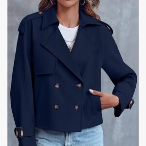 Women's Dark Blue Double-Breasted Cropped Trench Coat